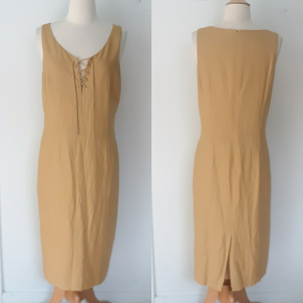 🍓Vintage 90s Y2K Linen Lace Up Dress Neutral M/L - Picture 2 of 6
